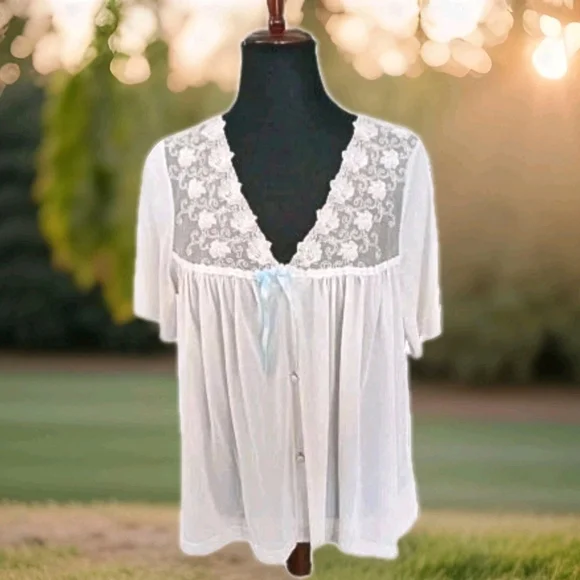 Vanity Fair 60s Vintage Babydoll Nightgown Lace Blue Bow. Made In USA. Excellent - Picture 1 of 12